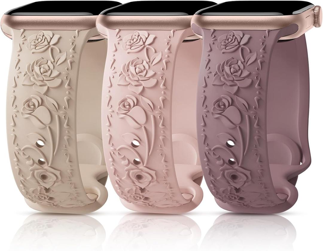 3 Packs Floral Engraved Bands Compatible with Apple Watch Band 40mm 41mm 38mm 42mm 44mm 45mm 49mm for Women, Silicone Cute Embossed Rose Apple Watch Band for iWatch Series 11 10 9 8 7 6 5 4 SE Ultra (milk tea/smoke purple/pink)