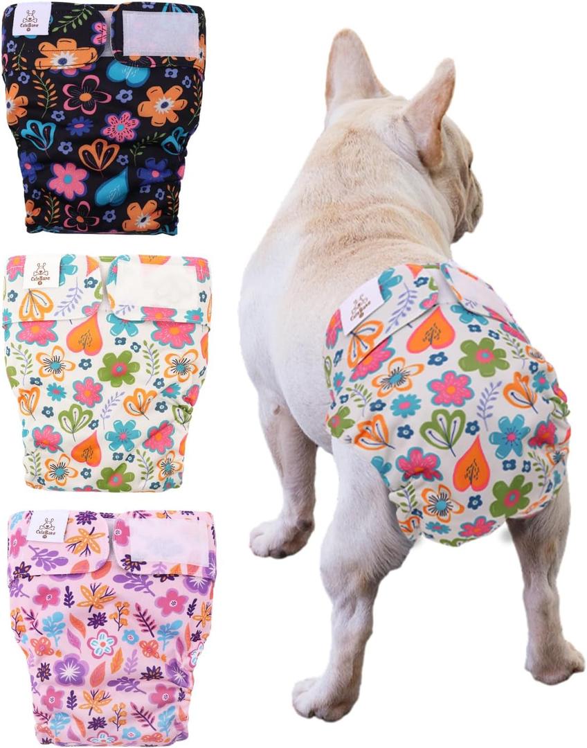 CuteBone Washable Dog Diapers Female No Tail Hole 3 Pack Reusable Doggie Period Training Pants for Docked-Tail Frenchie French Bulldog Boston Terrier Without Tail WWD19M (Medium)