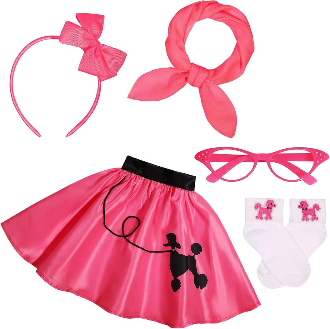 SIZGAROOT 50s Outfit for Girls 50s Sock Hop Poodle Skirt Costume for Girls with Accessories Halloween Party Dress Up (6-8 Years, Hot Pink)