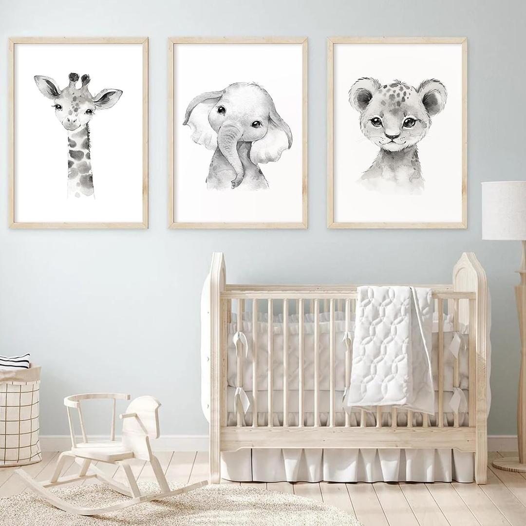 2 x Safari Nursery Wall Art Decor Baby Animal Canvas Wall Art Baby Room Nursery Pictures Kids Artwork Safari Jungle Animal Prints Giraffe Elephant Tiger Painting Set of 3 for Bedroom 12x16 Inch Unframed