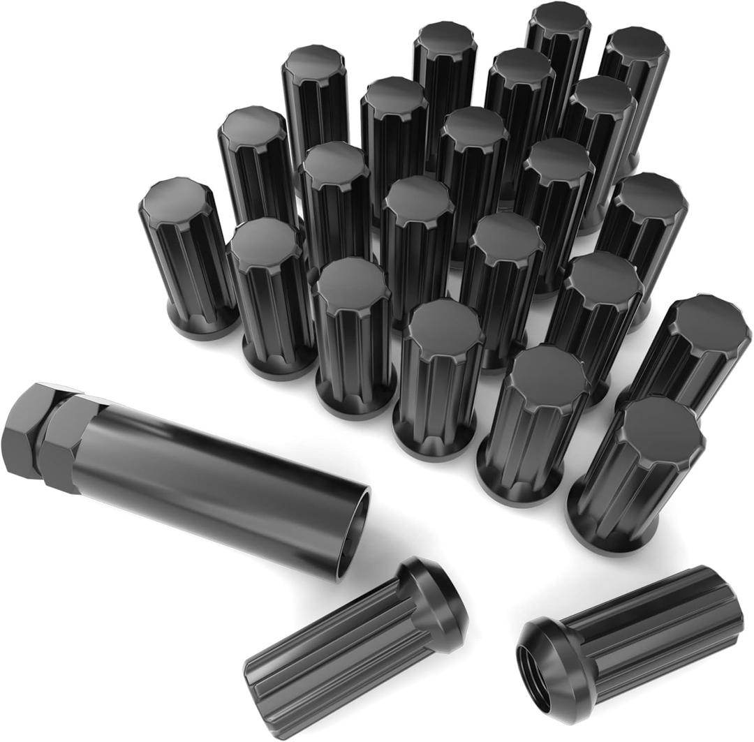 14mmx1.5 Wheel Lug Nuts, 24x Black M14x1.5 Lug Nut,Conical/Cone Bulge Seat, Closed End Long Extended XL Spline with 1 Socket Key Fits 6 Lug Aftermarket Wheels