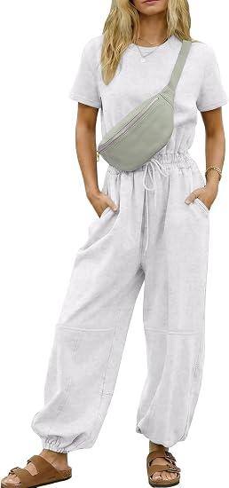 Nfsion Womens Casual Jumpsuit Crewneck Short Sleeve Long Wide Leg Pants One Piece Outfits Drawstring Romper with Pockets Medium Light Grey