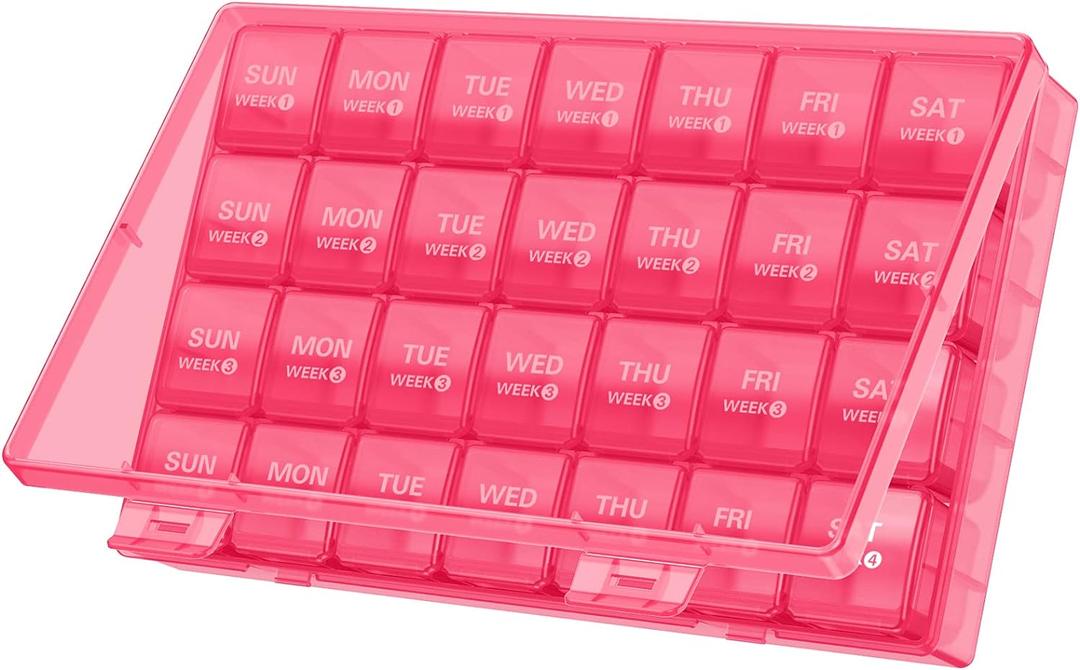 TookMag Monthly Pill Organizer 28 Day Pill Box, Travel Medicine Pill Organizer, Large 4 Weeks 1 Month Pill Cases with Dust-Proof Container for Pills/Vitamin/Fish Oil/Supplements (Pink)