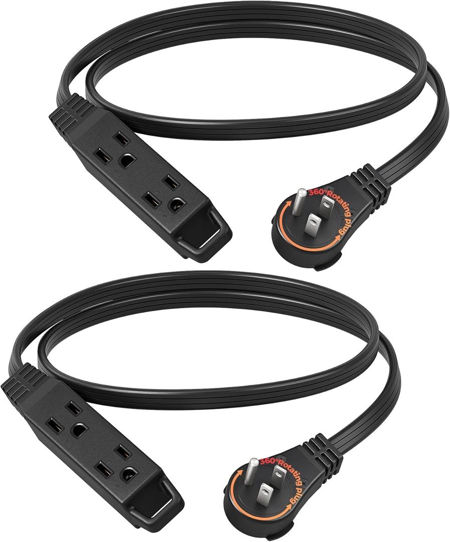 DEWENWILS 3FT 360 Rotating Flat Plug Extension Cord/Wire, 16AWG Multi 3 Outlet Extension Cord, 3 Prong Grounded Wire for Small Appliances, 2 Pack, Black