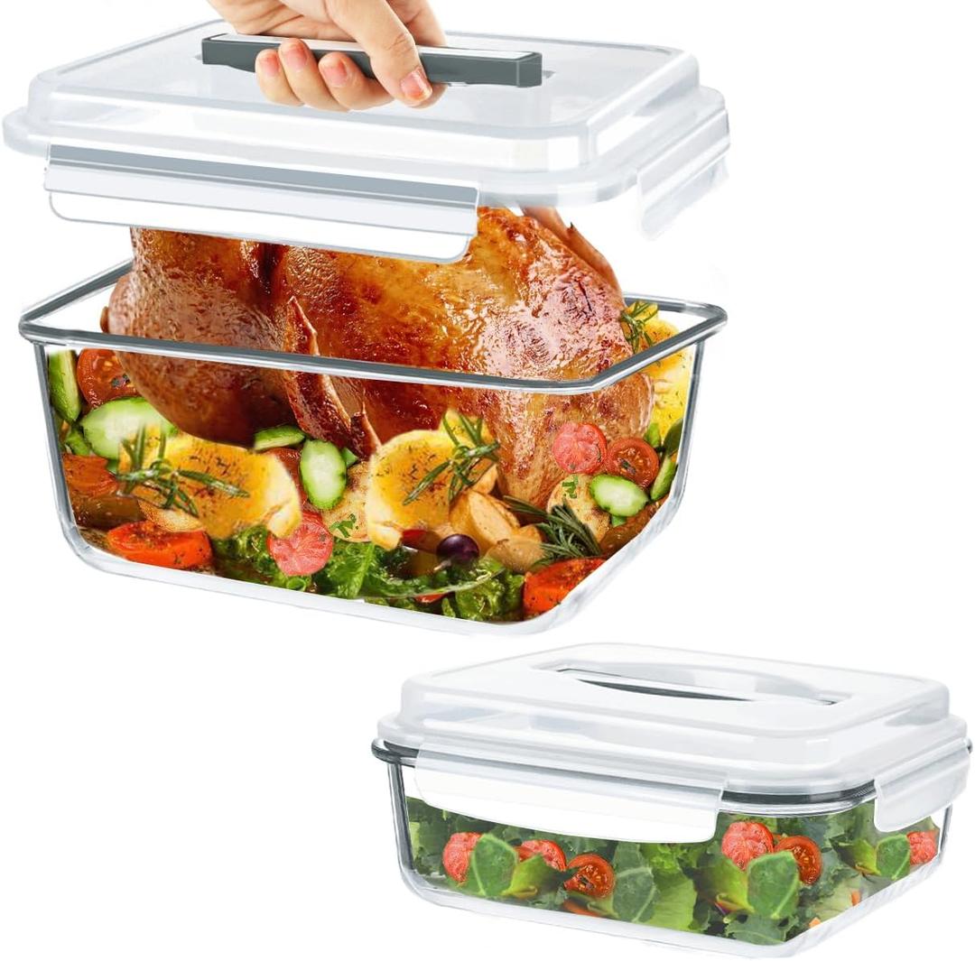 KOMUEE 2 Pack 220oz+76.4oz Extra Large Glass Food Storage Containers Set with Airtight Lids, Big Glass Meal Prep Containers, Ideal for Storing Rotisserie Chicken, Lasagna,Salads, Leak-proof & BPA-Free