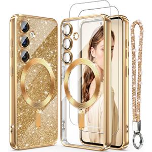 Magnetic for Samsung Galaxy S22 5G Case + 2X Screen Protectors,Luxury Plated Gold Edge [Glitter Card&Wrist Strap] Slim Soft Crystal Clear TPU Shockproof Case Cover for S22 5G-Gold