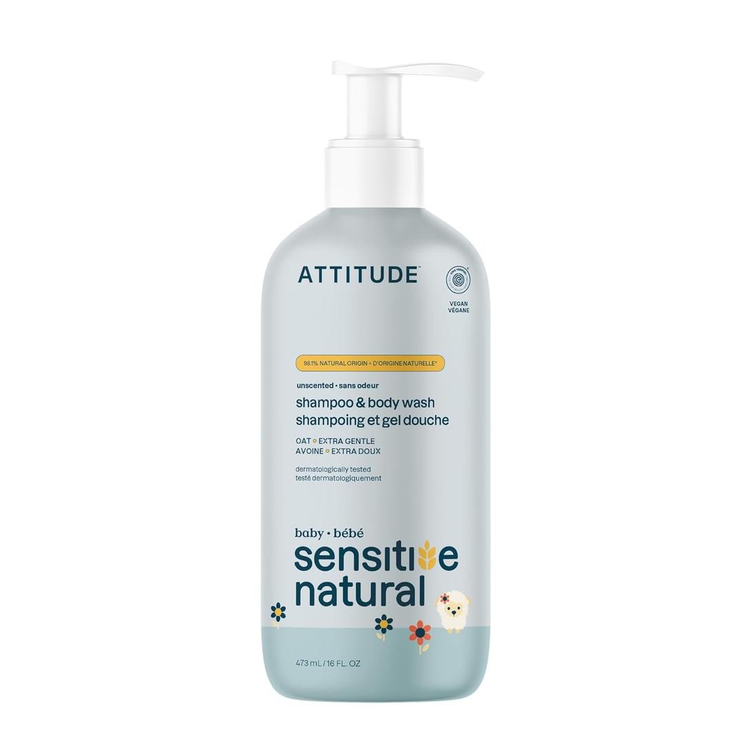 ATTITUDE Baby 2-in-1 Shampoo and Body Wash, EWG Verified, Plant- and Mineral-Based Ingredients, Vegan and Cruelty-Free Products for Sensitive Skin, Unscented, 16 Fl Oz