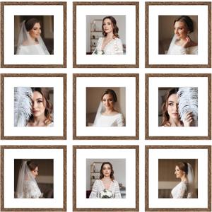 BSRHOME 12x12 Picture Frame Set of 9, Display Pictures 8x8 with Mat or 12x12 without Mat, Multi Collage Gallery Square Photo Frames for Wall or Tabletop,Distressed Brown