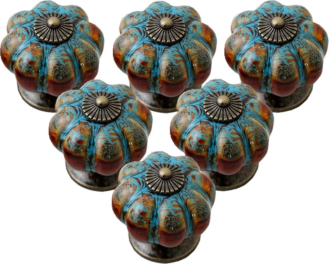 Cabinet Knobs 24 Pack Glazed Ceramic Knobs with Pumpkin Shape for Decor Door Pull Handle for Vintage Cabinet Drawers, Closets, Cupboard (Blue)