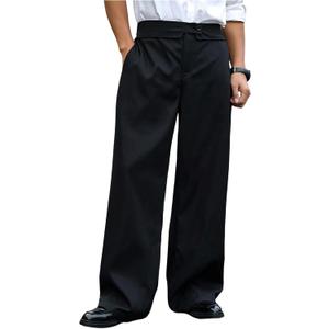 Verdusa Men's Wide Leg Work Dress Pants Button Long Trousers with Pockets (Black, XL)