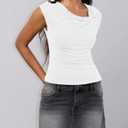 Orchidays Women's Cap Sleeves Gathered Neck Top Casual Fitted T-Shirt White (White)