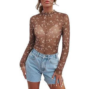 Mesh Long Sleeve Tops for Women Floral Lace Undershirt Sheer Top Mock Neck Fitted Blouse Sexy Going Out Outfits Party  Floral Brown White XL