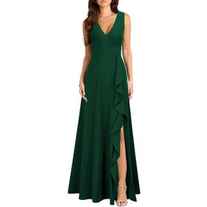 MUSHARE Women's V Neck Sexy Split Cocktail Dress with Pockets Ruffle Party Long Formal Dress (Green, M)
