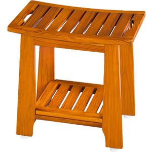 14" Compact Teak Shower Stool with Shelf & Handle - Waterproof, Non-Slip Bath Bench for Small Bathrooms/Tub/Outdoor Use, 300 lbs Capacity (Patented)