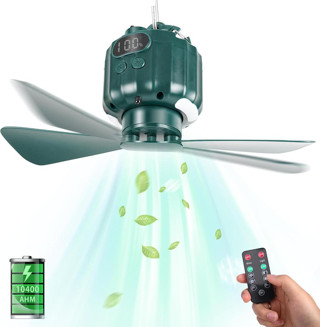 DUKUSEEK Tent Ceiling Fans for Camping, 10400mAH Large Capacity Portable Hanging Tent Fans with Light and Remote Control, USB Battery Operated Camping Fan for Canopy Tent Beach army green