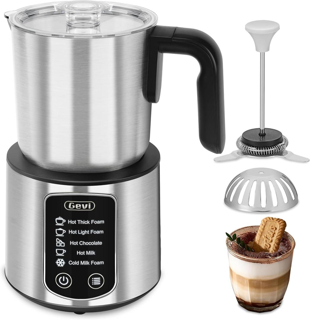 Gevi Hot Chocolate Maker with 5 in 1 Milk Frother and Steamer, Professional Milk Steamer, 17 oz/3.5 oz, Stainless Steel, Hot and Cold Milk Frother for Latte, Macchiato, Cappuccino and Hot Chocolate (Silver)