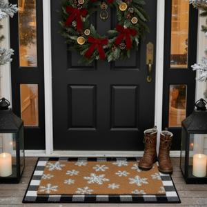 Duraaamo 2 Pcs Winter Door Mat Snowflake Outdoor Welcome Mats for Front Door Snow Non Slip Coir Floor Doormat Black White Plaid Buffalo Rug for Outside Front Porch Entryway Decor(Snowflake)