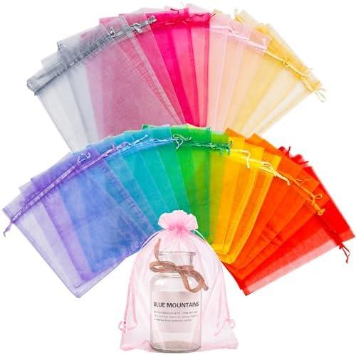 YunKo 100pcs Organza Bags 6x9 Inches Drawstring Gift Bags Mesh Gift Bags Sheer Organza Wedding Favor Bags (Multicolor)