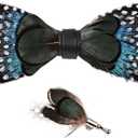whitefeather Feathers Bow Tie Peacock Pre-tied Bow tie Brooch Sets for Men Adjustable Length Tuxedo Banquet Necktie (Black)