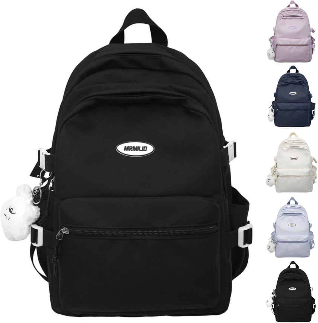 Kawaii Backpack with Cute Accessories Casual Aesthetic Daypack Simple Laptop Bag Waterproof Travel Rucksack for Women (Black)