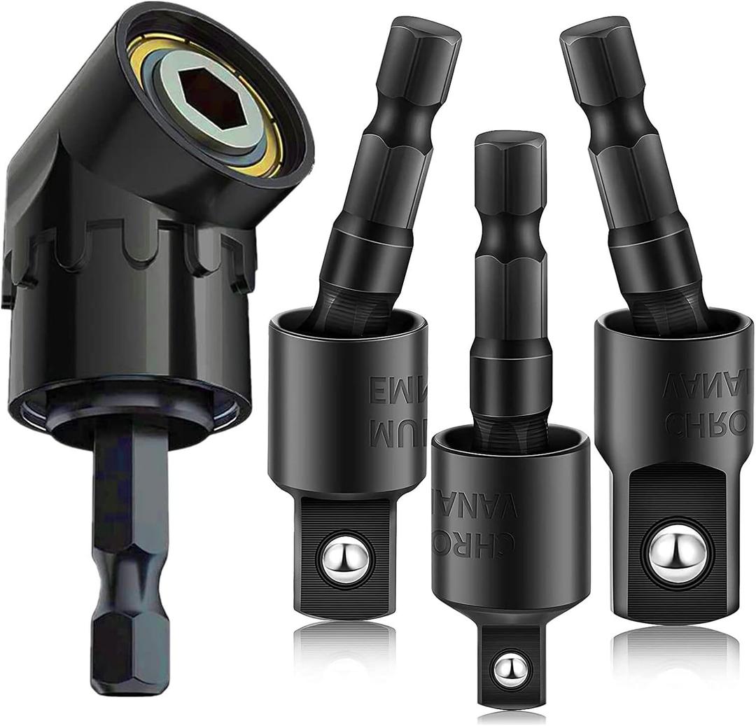 Right Angle Drill Adaptor,4-in-1 Impact Drill Bit Extension,360 Rotatable 1/4 3/8 1/2" Impact Grade Socket Adapter Set,105 Degree Angle Screwdriver Drill Bit for Household Workplace Industry