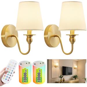 Battery Operated Wall Sconce Set of 2,Wireless Wall Sconces with 10000 mAh,RGB Rechargeable Sconces with Remote,Cordless Wall Lights for Bedroom,Living Room,Bathroom,Renter Friendly Home Decor (Gold)