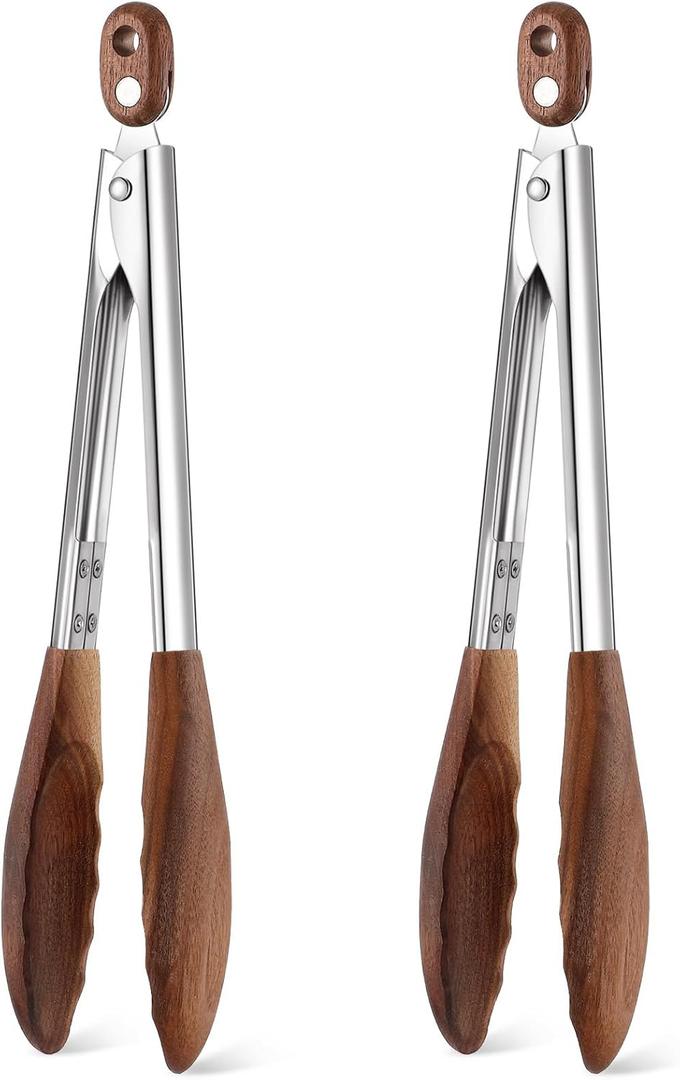 Baderke 2 Pcs Walnut Wooden Kitchen Tongs for Cooking Wooden Utensil Set Salad Tongs with Wood Tips for Serving Salad Flipping Burgers Grilling and Much More, Set of 2, 11.4 Inch