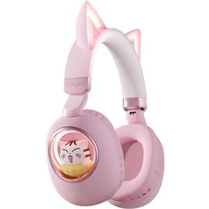 Pink Cat Ear Headphones for Kids, Cute Children Girl Wireless Bluetooth Headphones for School, Kindergarten Light up Kawaii Kitty Noise Cancelling Headphones for Kids Teens Child Airplane