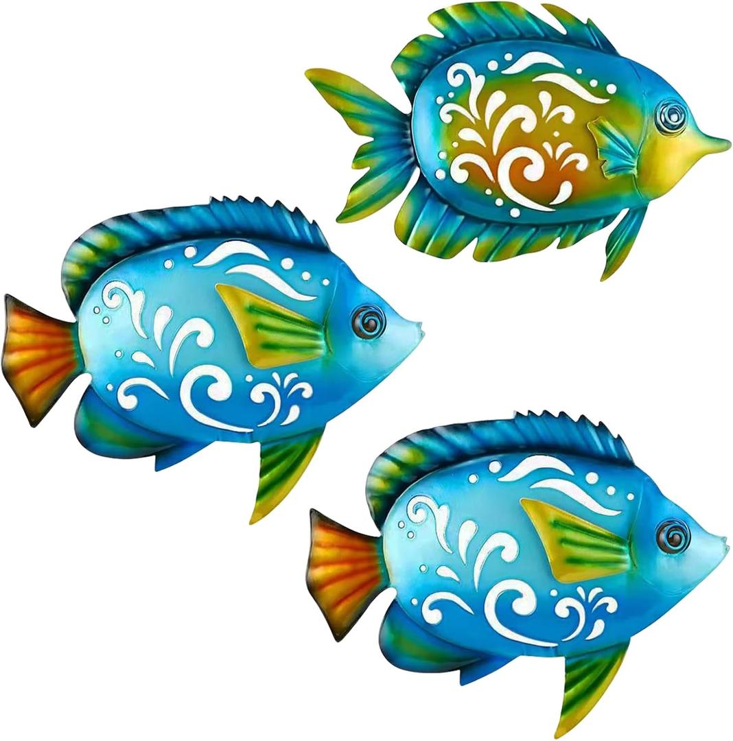 TERKEPT Metal Fish Wall Decor Coastal Ocean Sea Hanging Decorations Metal Fish Art Outdoor Wall Sculptures Garden Patio Fence Pool Decor