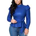 acelyn Women's Matte Mock Neck Turtleneck Long Sleeve Faux Leather Shirts Blouse Top with Belted Blue M