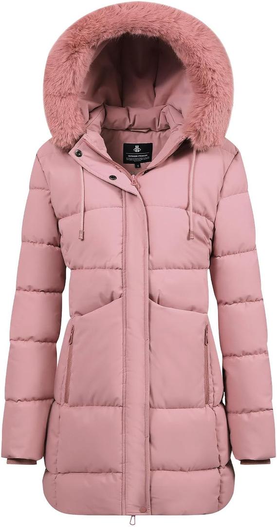 ASPO Women's Winter Warm Coats Waterproof Thick Fleece Lined Down Puffer Jacket 5 Pockets Long Parka Faux Fur Detachable Hood Pink L (Pink, L)