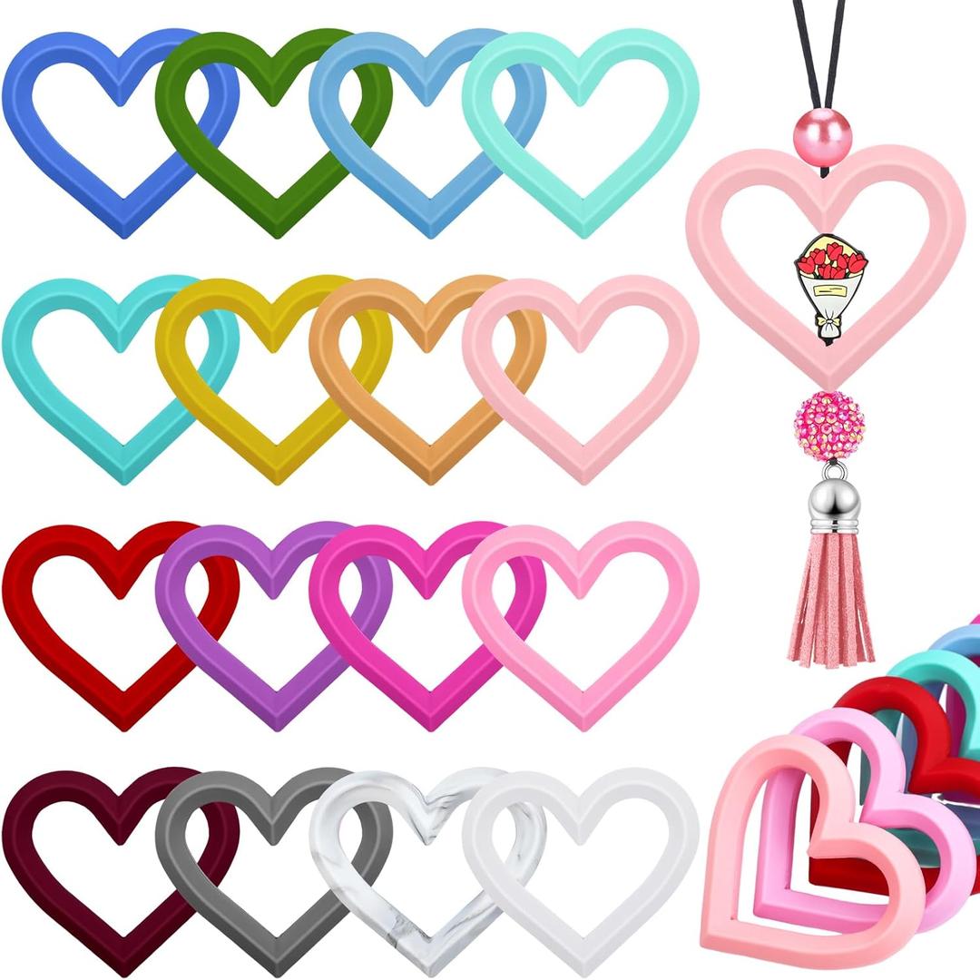 Motionchic 16 Pcs Valentine Silicone Beadable Rings 65mm Heart Silicone Focal Bead Ring Loop Bulk with 2 Hole for Jewelry Making DIY Keychains Car Charm Necklaces Lanyards Hanging Ornaments
