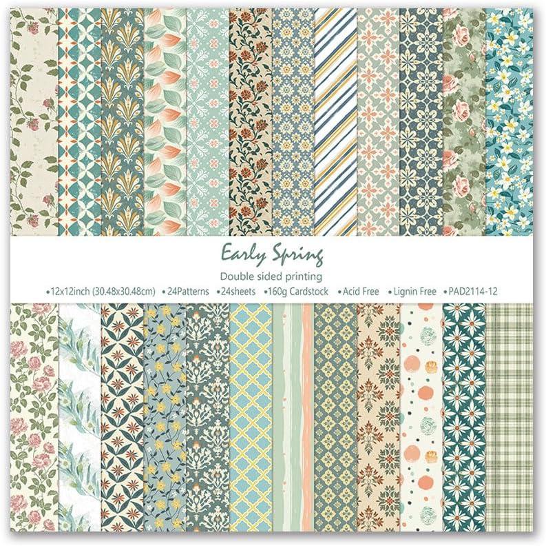 Early Spring Patterns Scrapbook Paper, 24 Sheets 12"x12" Double Sided Early Blossoms Craft Papers with Floral & Botanical Designs for Scrapbooking, Card Making & Seasonal Decor