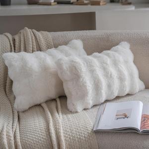 Neelvin Cream White Faux Fur Cozy Soft Double-Sided Decorative Throw Pillow Covers 12x20 inch Set of 2,Velvet Pillowcase Cushion Case for Sofa Couch