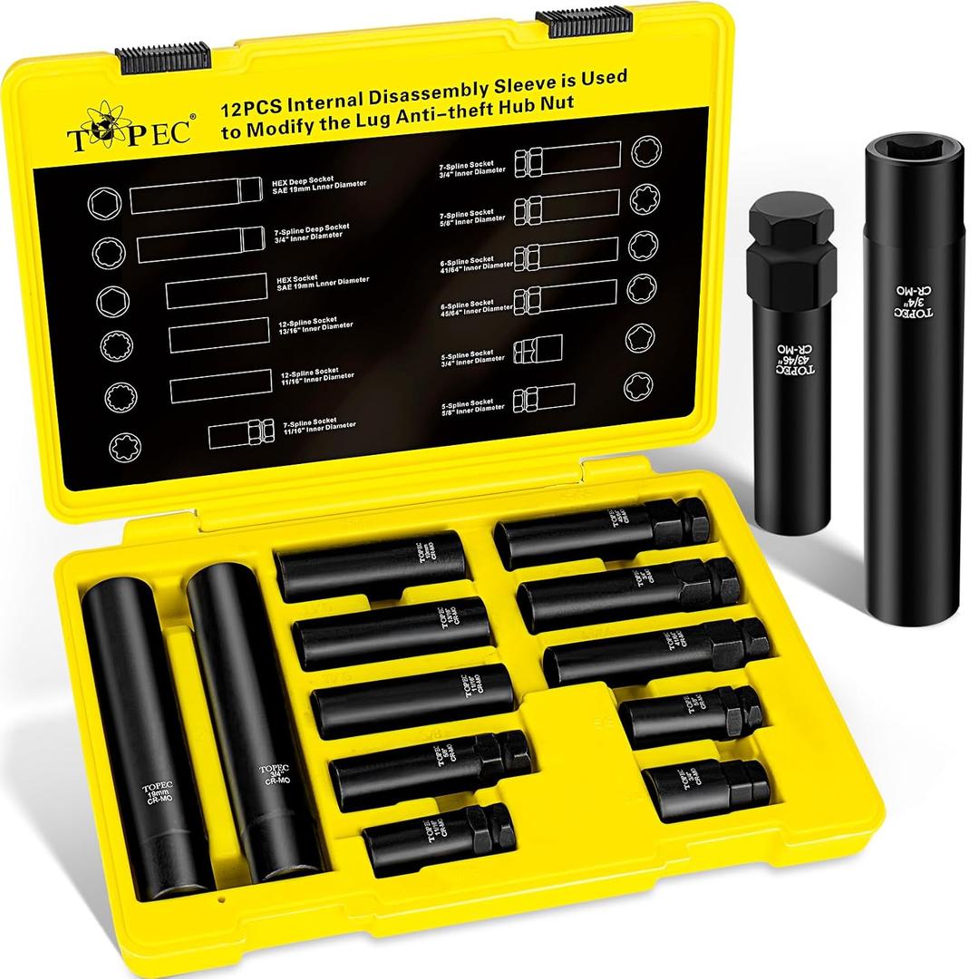 Topec 12PCS Spline Lug Nut Socket Set, Master Lug Nut Key Set of 5, 6, 7, 12 Spline, Wheel Lock Removal Kit for Spike and Hex Lug Nuts, Universal Locking Lug Nut Removal Tool