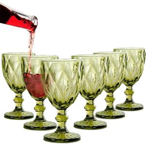 Vintage Colored Green Wine Glass Goblets Glassware Set of 6, 10 OZ Unique Rhombus Textured Drinking Glasses for Wedding Party, Colorful Water Goblets Drinkware for Wine Cocktail Juice (Green Rhombus-Textured)