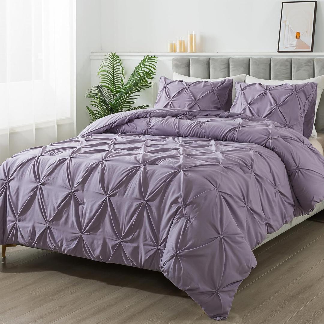 Andency Pinch Pleat Comforter Twin Grayish Purple (66x90Inch), 2 Pieces(1 Pintuck Comforter, 1 Pillowcase) Microfiber Pintuck Comforter Set Down Alternative All Season Comforter Bedding Set (Twin, Grayish Purple)