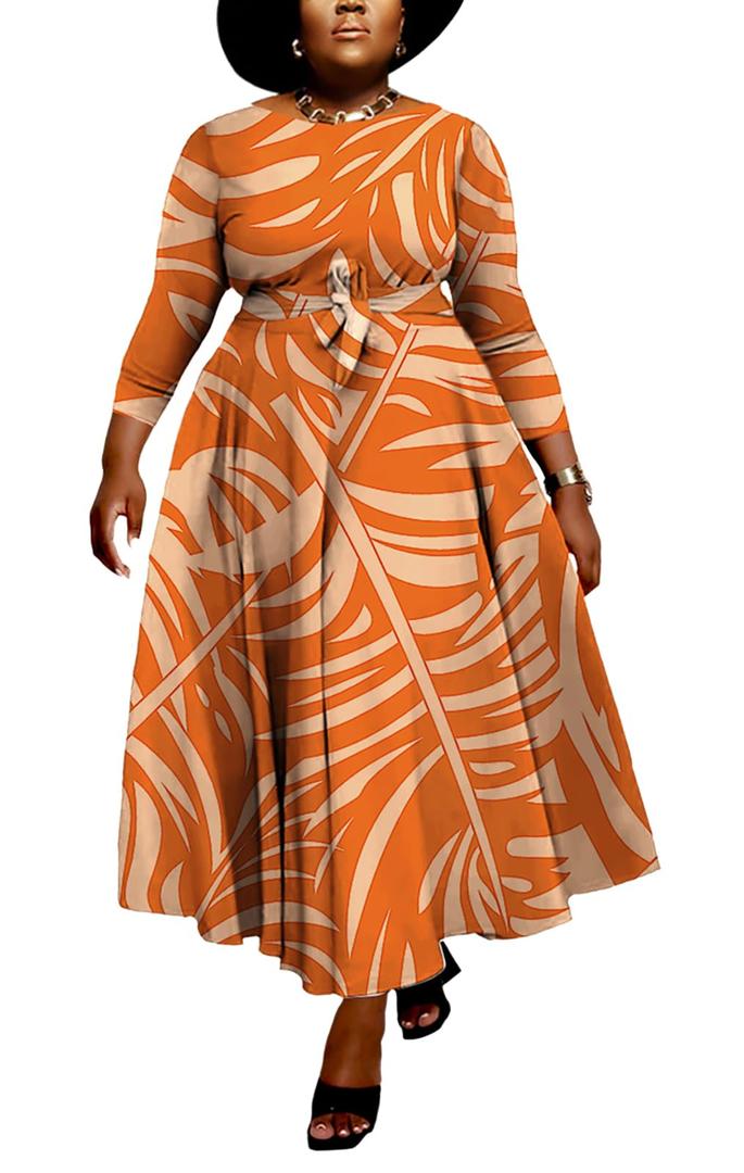 Hostoyo Women Plus Size Foraml A Line Maxi Dress Self Tie Waist with Pockets Casual Elegant Round Neck 3/4 Sleeve Swing, 2 XL