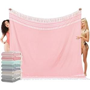 Oversized Turkish Beach Towel Blanket Cotton Sandproof Towels Boho Woven Big Sand Free Giant Throw Blankets Huge Quilt Picnic Camping Necessities Cloud for Adult Gifts, Long Pink White (material: 70% cotton 30% polyester, Size: 80*80 inbeand)