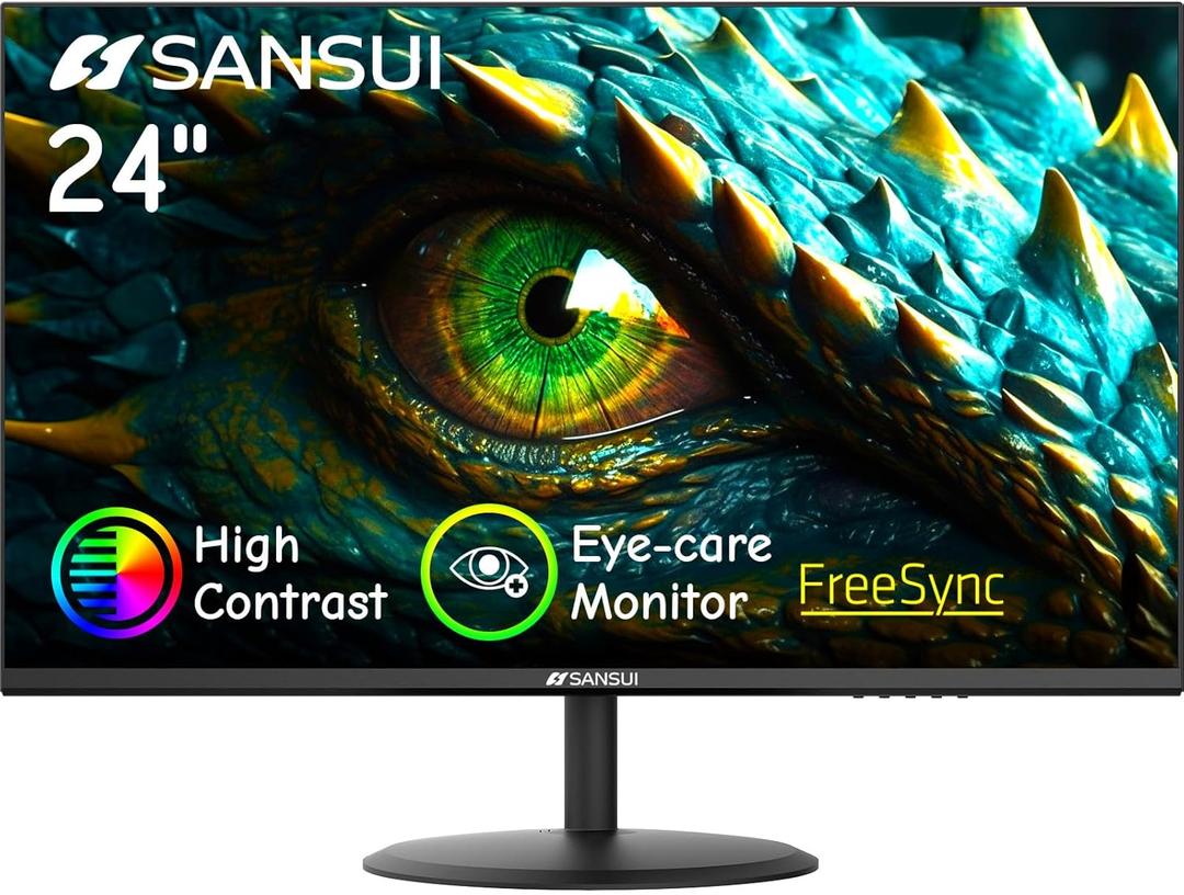 SANSUI Computer Monitor 24 inch Eye Care FHD 1080P Display HDMI,VGA Ports with 178 Viewing Angle/Frame-Less/Tilt/VESA Compatible for Office and Home (Black)