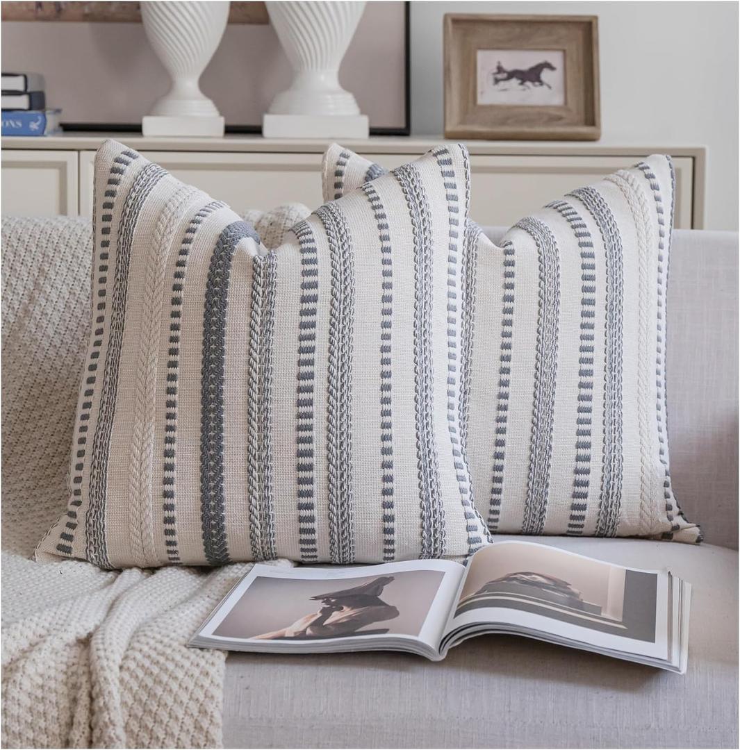 Cethom Grey Boho Throw Pillow Covers 20x20 Inch Set of 2, Stripe Textured Decorative Couch Pillow Cases for Bed, Sofa, Living Room, Bedroom, Farmhouse Home Accent Cushion Covers