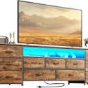 Huuger 70 Inch TV Stand for 75, 80 Inch TV, 11 Drawer Long Dresser with Power Outlets and LED Lights, Entertainment Center with Storage, Rustic Brown Dresser with Printed Surface