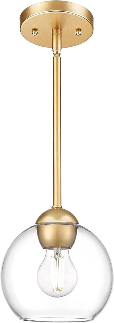 Emak Modern 7 Inch Globe Pendant Lights, Industrial Gold Pendant Light Fixtures, 1-Light Hanging Lights with Clear Glass Shade for Kitchen Island, Bedroom, Bathroom, Dining Room, Hallway, PL119-GD