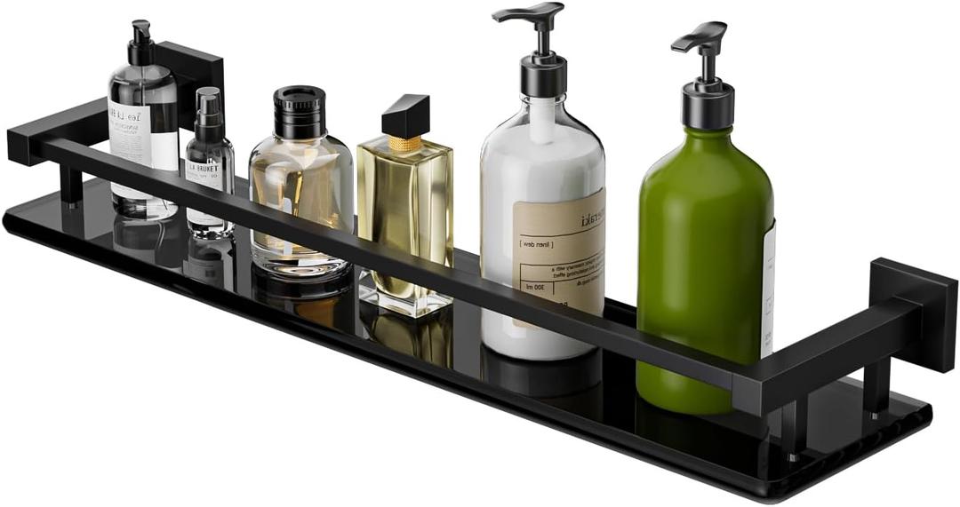 Alise Glass Shelf with Railing for Bathroom, Matte Black Bathroom Shelves Wall Mounted, Modern Floating Shower Storage, 20 inch