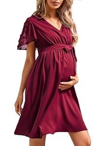 FUNJULY Maternity V Neck Dress Swiss Dot Short Sleeve Summer Wrap Midi Baby Shower Pregnancy Dresses for Photoshoot Wine red-v_M
