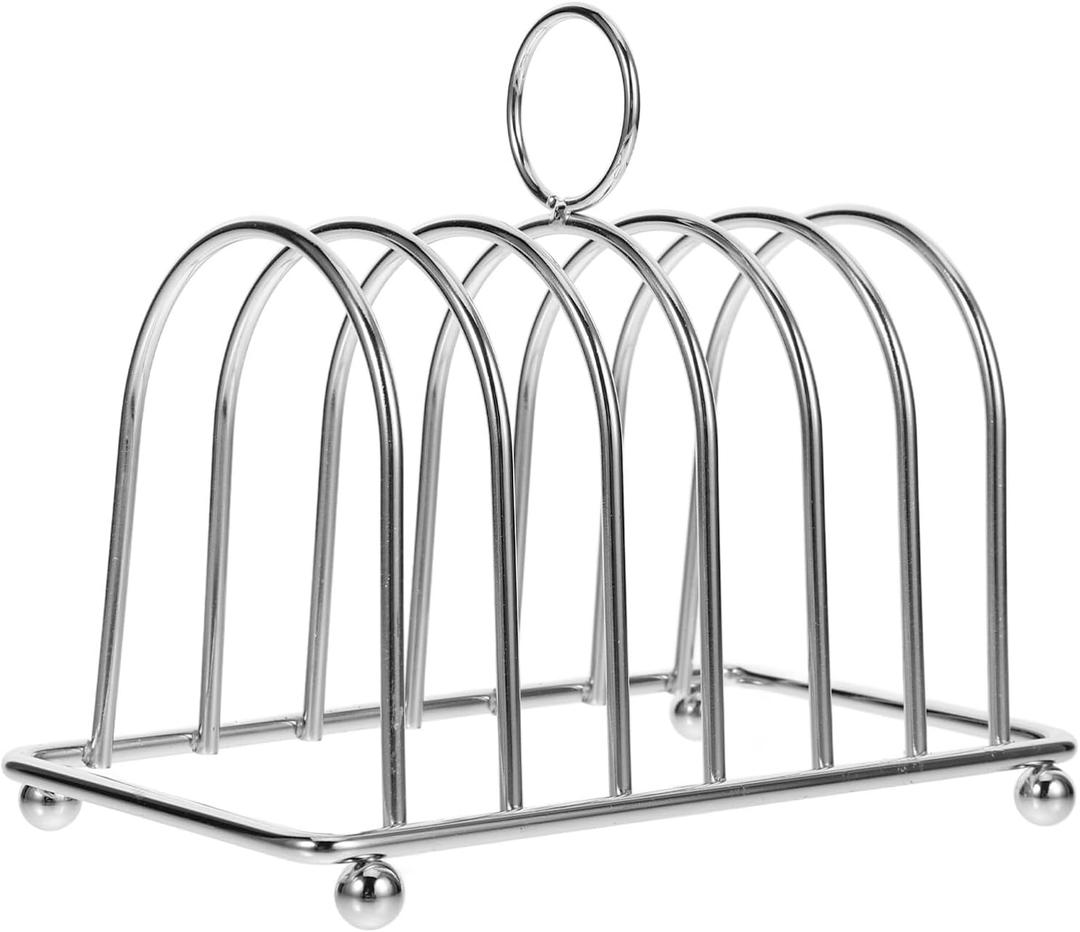 DOITOOL Stainless Steel Toast Rack 6-Slice Bread Holder Stand with Ball Feet and Carry Handle Desktop Bread Storage Rack for Kitchen and Breakfast 5.70X4.72X3.38In
