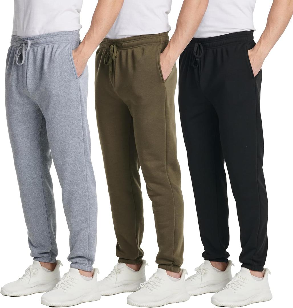 Real Essentials 3 Pack: Men's Fleece Elastic Bottom Jogger Sweatpants with Pockets Size 160