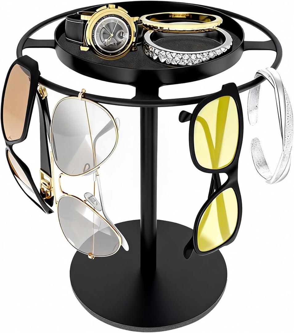 LSK Metal Sunglasses Organizer, Glasses Holder Stand with Storage Tray, Eyeglasses Holder with Anti-Slip Pads for Tabletop, Desk, Dresser, Matte Black, 
Item Weight	10.4 ounces
Item dimensions L x W x H	6.3 x 4.73 x 7.9 inches