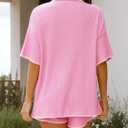 Womens Casual Knitted Two Piece Sets Lounge Sets Short Sleeve Solid Color Oversized Tees And Shorts Outfits (Pink)