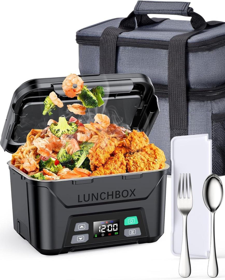 Rechargeable Heated Lunch Box for Men, 1.3L Cordless Electric Lunch Box for Adults with Smart Scheduled Heating, Portable Food Warmer with Complete Accessories (Black)